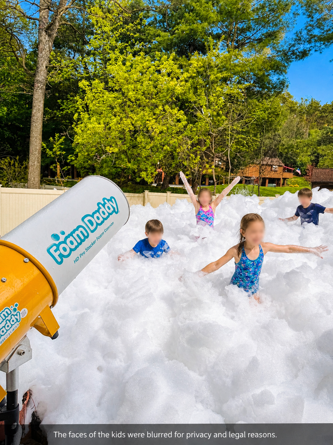 Kids spread across a foam-covered backyard