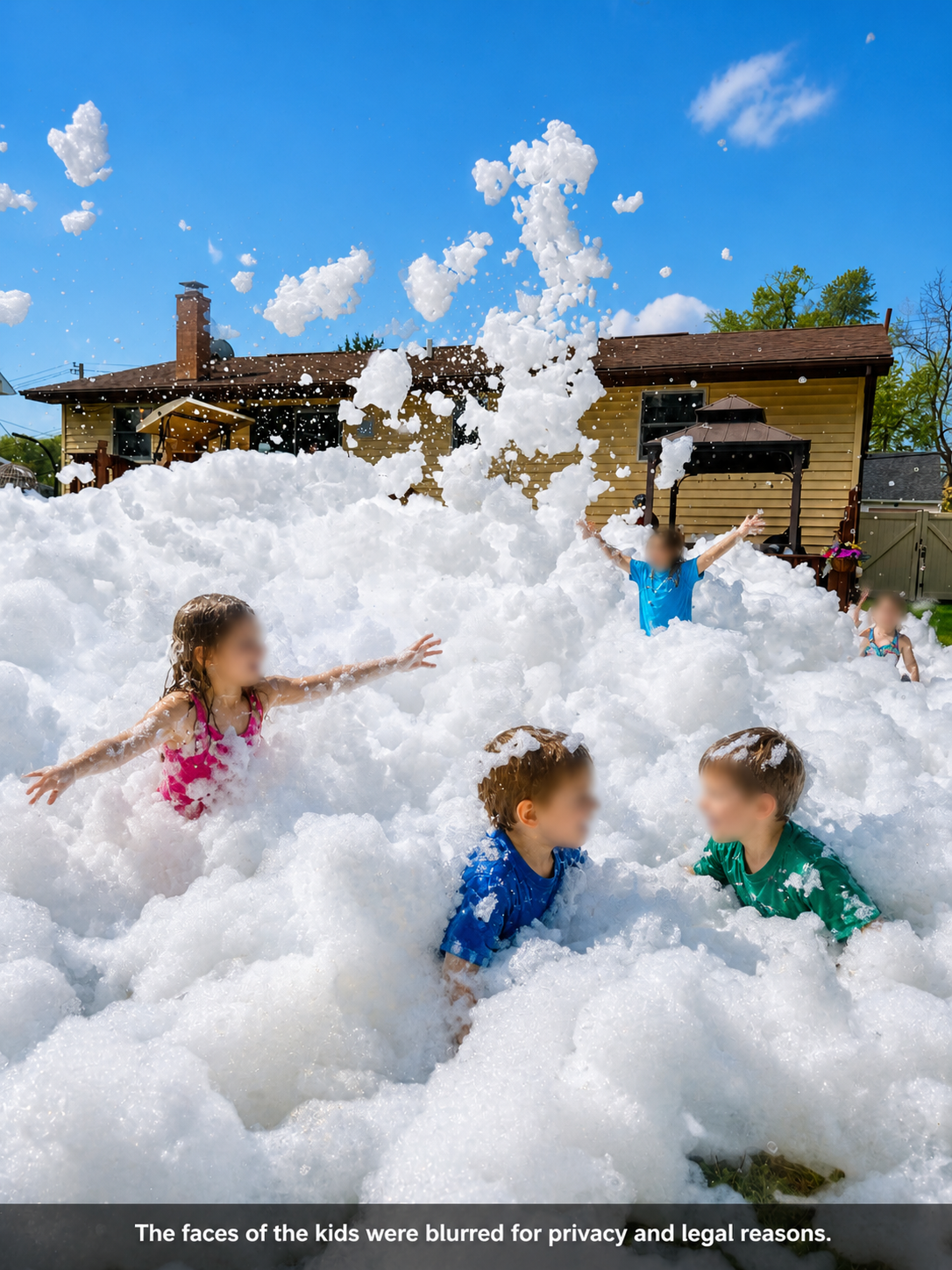 Foam cannon spraying over kids in a yard